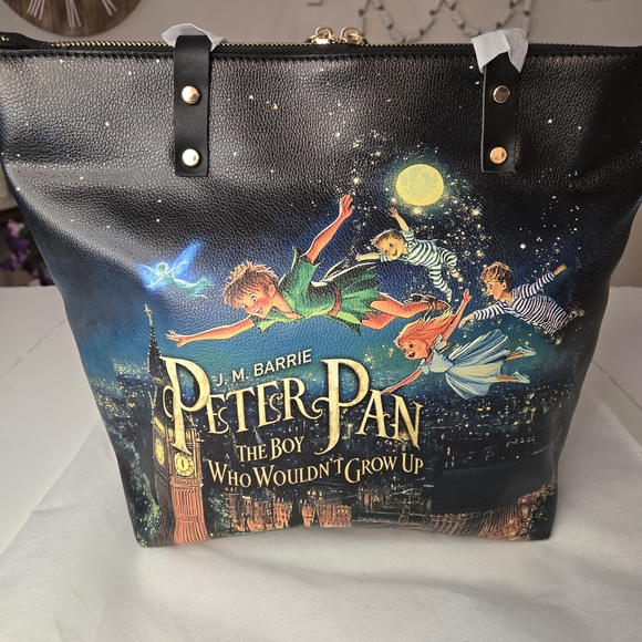 Peter Pan Themed Black Tote Bag New In Package 15" X 13" Faux Leather - Picture 8 of 11